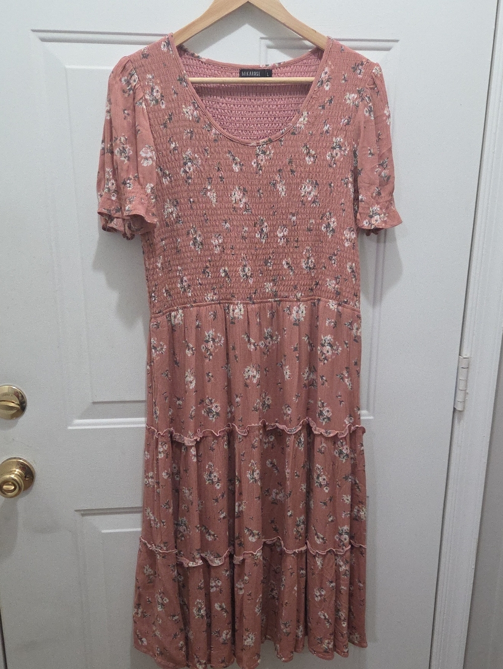 Mikarose Dusty Rose Floral Tiered Midi Dress L